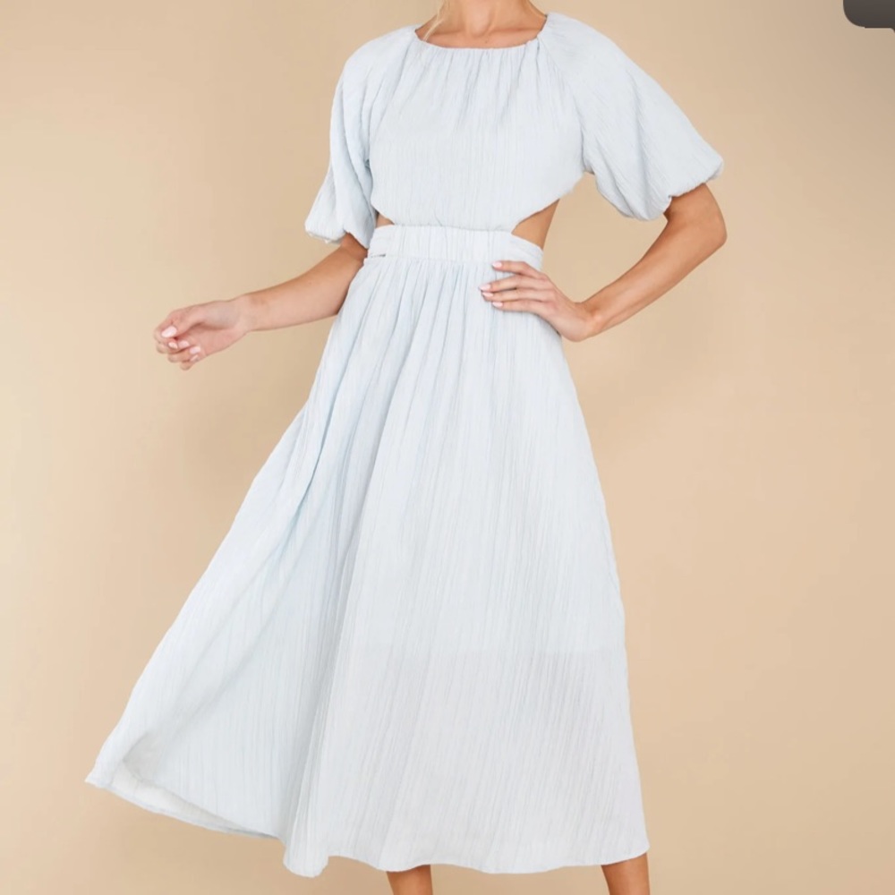 Red dress boutique, light blue, midi dress, new with tags, size medium